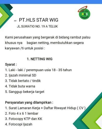 Lowongan Pekerjaan PT. HLS Star Wig Purwokerto