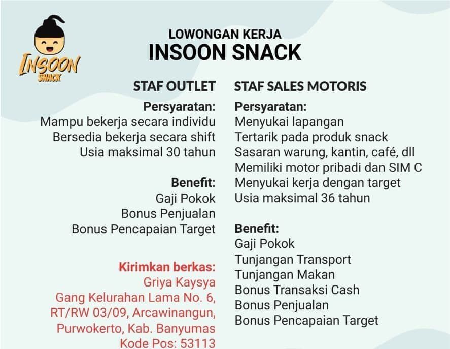 Lowongan Pekerjaan Insoon Snack Purwokerto