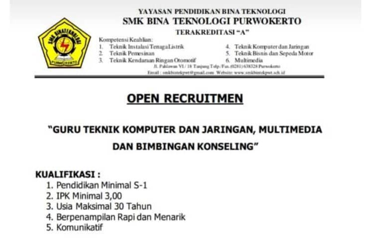Lowongan Pekerjaan SMK Bina Teknologi Purowokerto