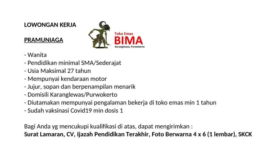 Lowongan Pekerjaan Toko Emas Bima Karanglewas