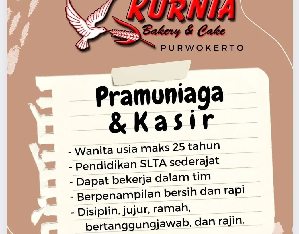 Lowongan Perkerjaan Kurnia Bakery & Cafe Purwokerto
