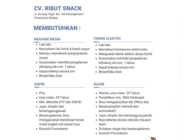 Lowongan Pekerjaan CV Ribut Snack Purwokerto
