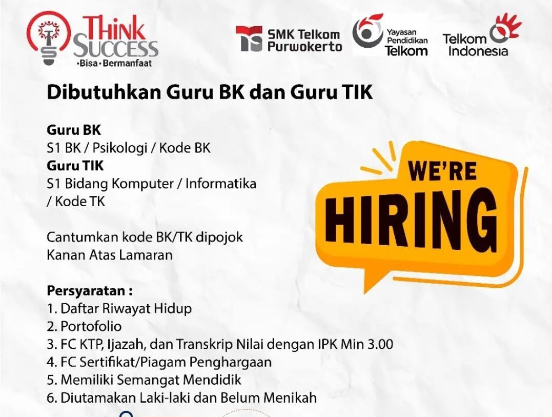 Lowongan Pekerjaan SMK Telkom Purwokerto