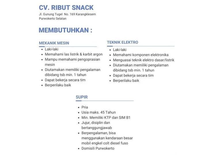 Lowongan Pekerjaan CV Ribut Snack Purwokerto
