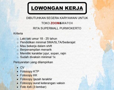 Lowongan Pekerjaan Toko Zoom & Watch Rita Supermall Purwokerto