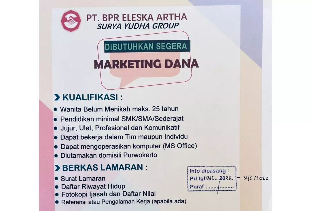 Lowongan Pekerjaan PT. BPR Eleska Artha Purwokerto