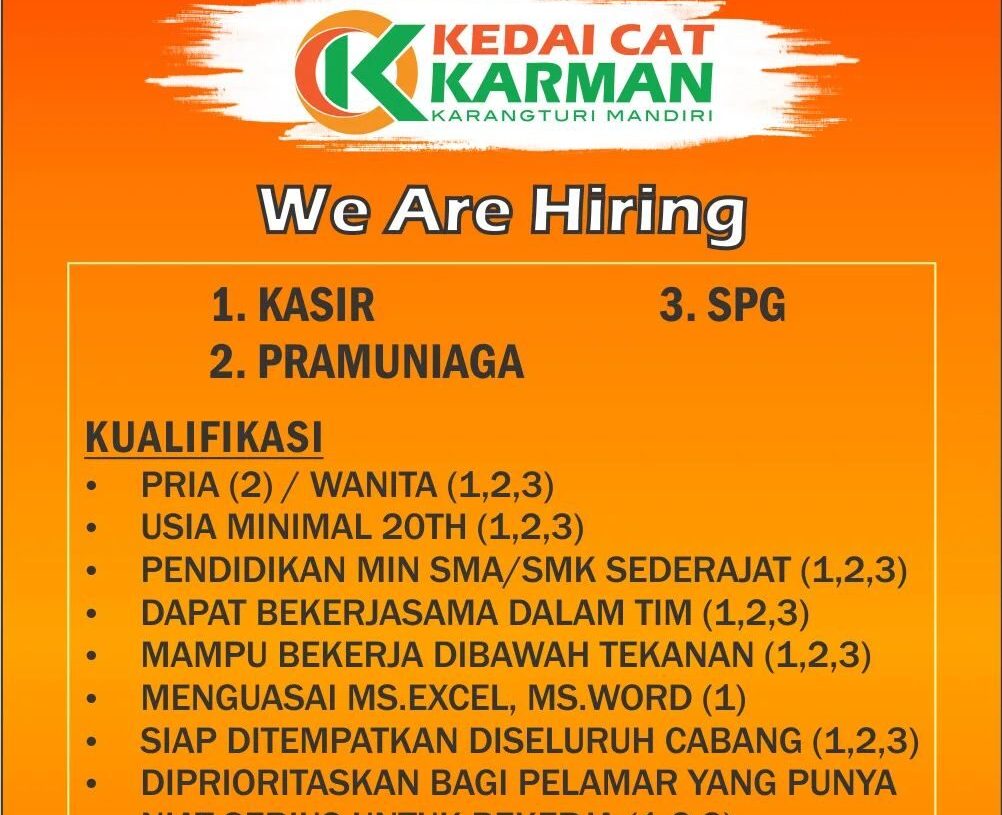 Lowongan Pekerjaan Kedai Cat Karman Purwokerto